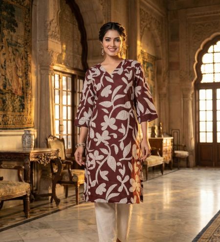 Maroon Floral Printed Straight Kurti