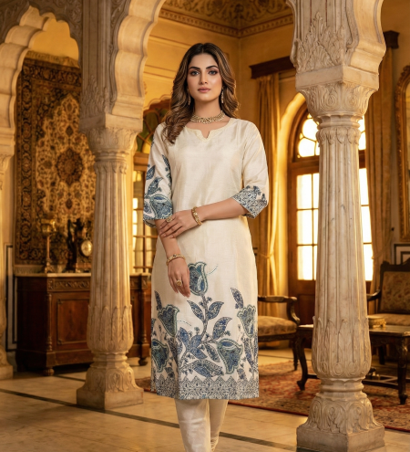 Elegant Off White Floral Printed Kurthi