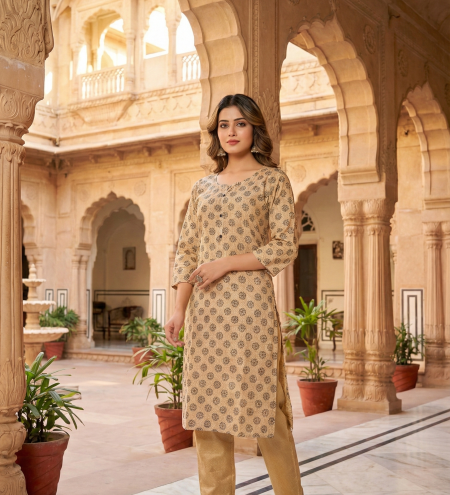 Beige Printed Straight Kurta with Pant Set