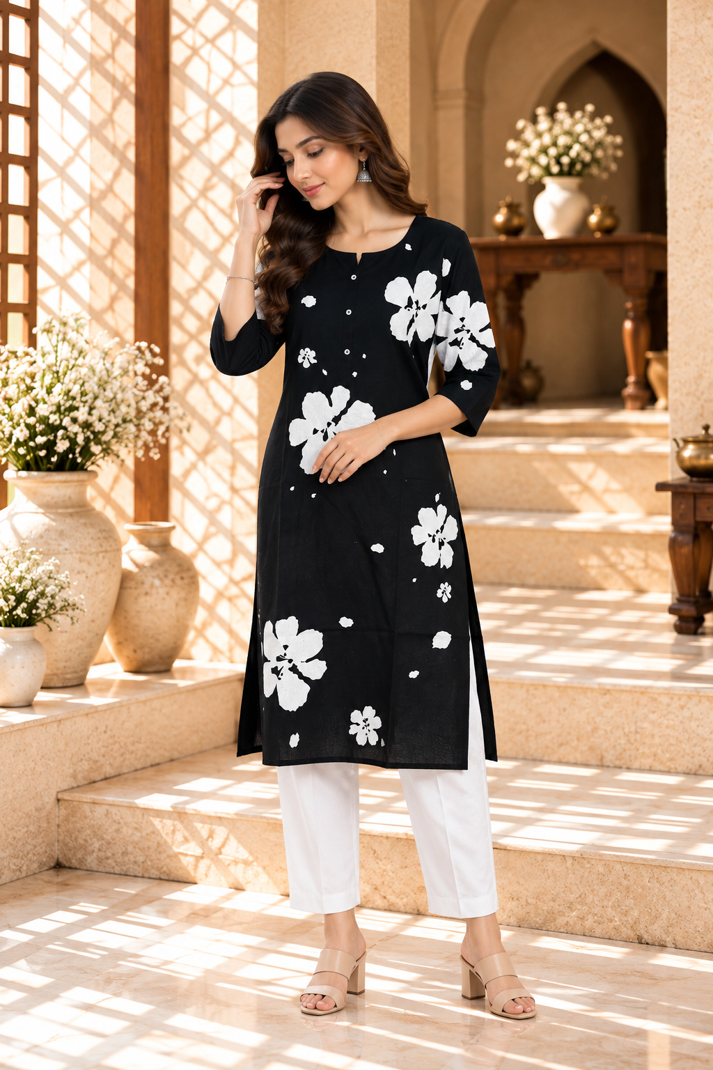 Black Floral Printed Rayon Kurti
