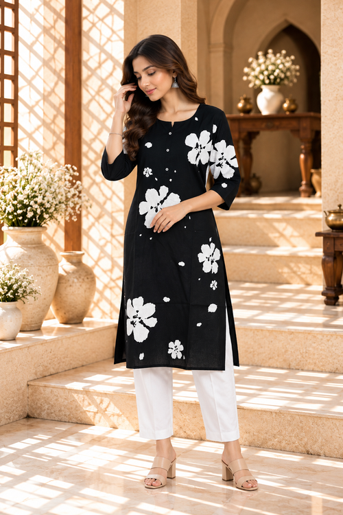Black Floral Printed Rayon Kurti