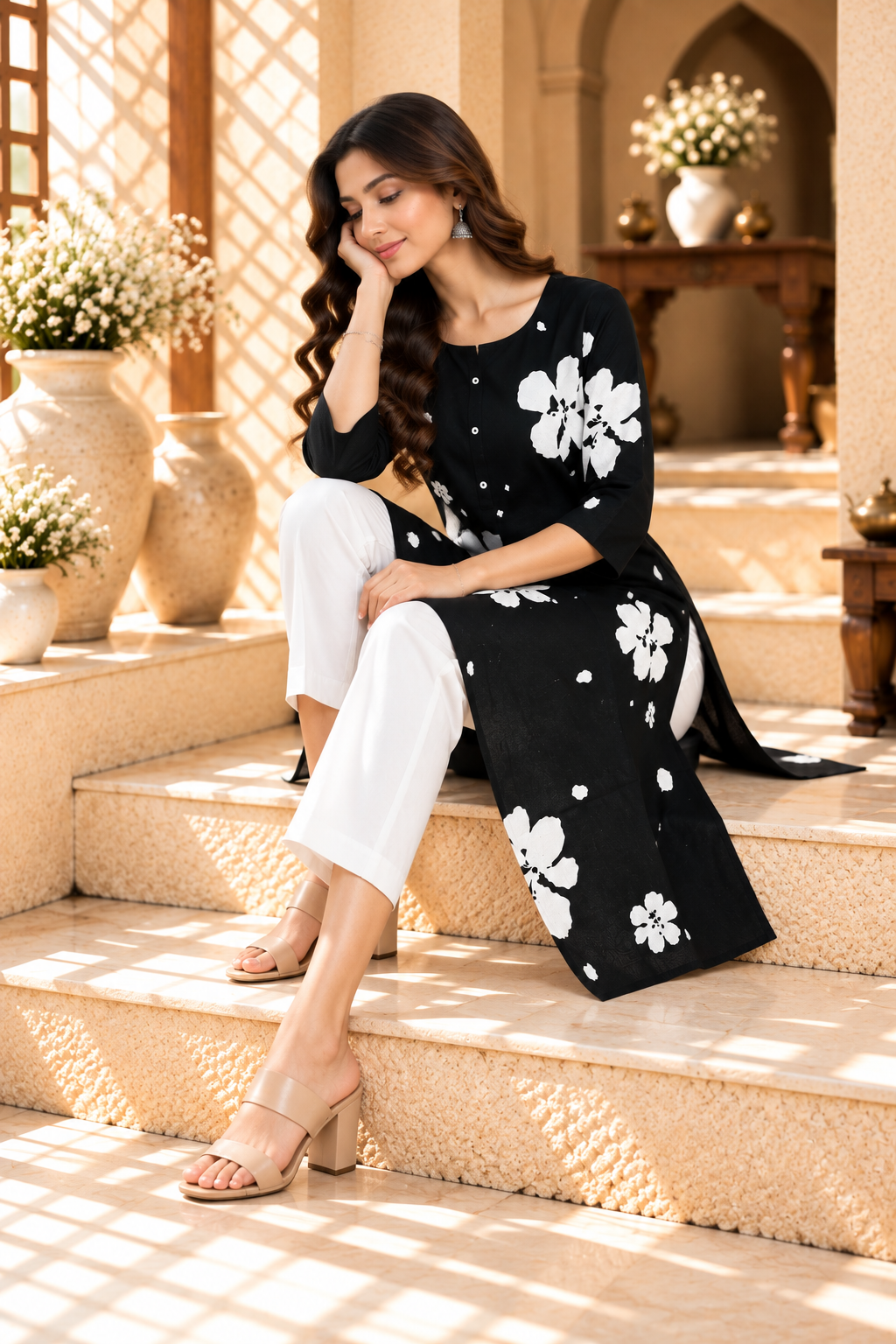 Black Floral Printed Rayon Kurti
