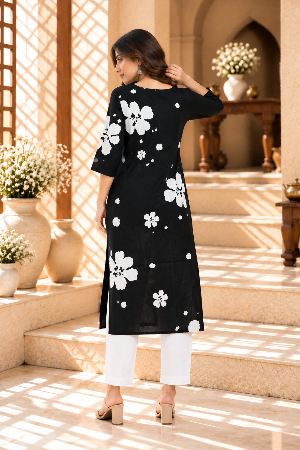 Black Floral Printed Rayon Kurti