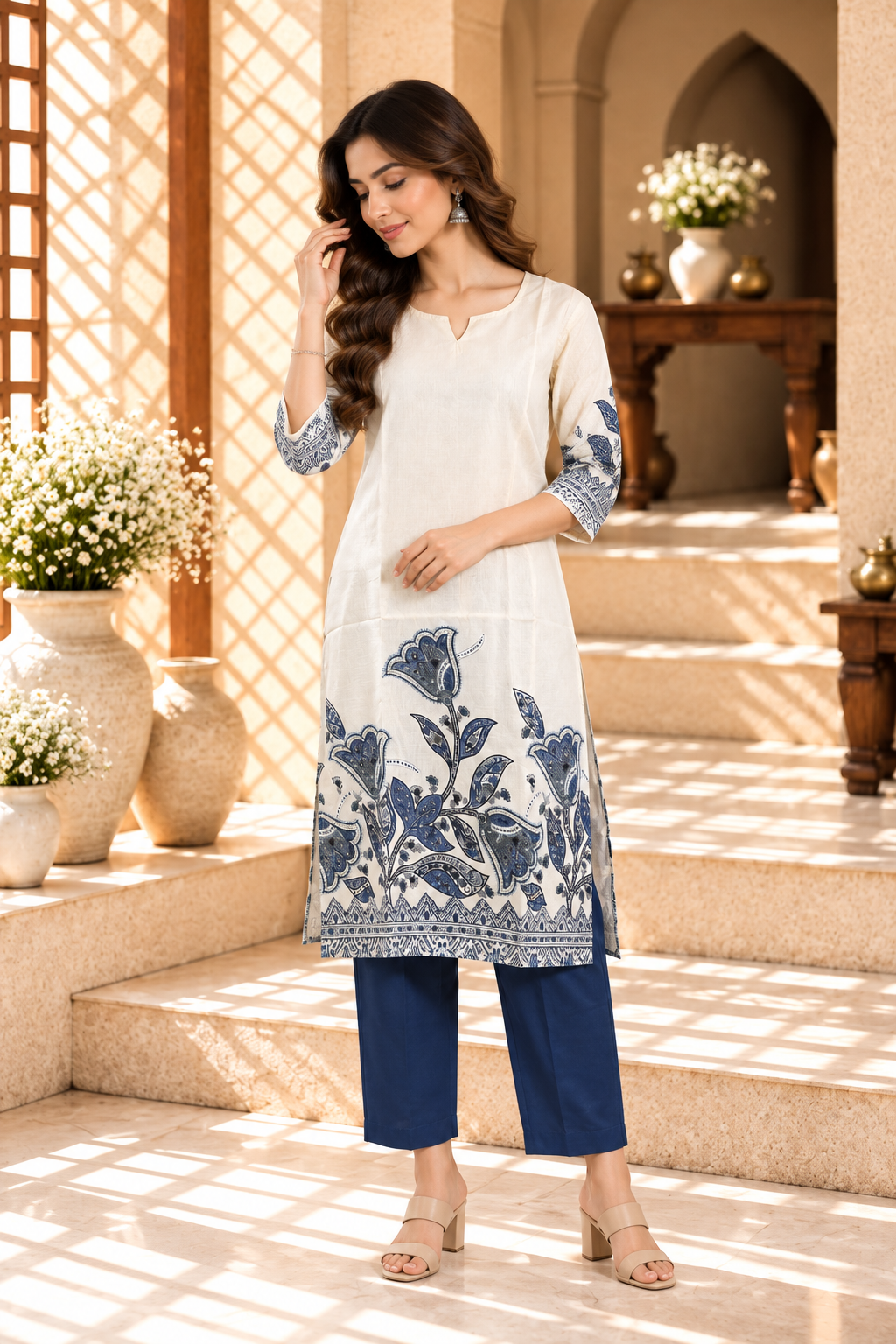 Ivory Blue Floral Printed Rayon Kurti