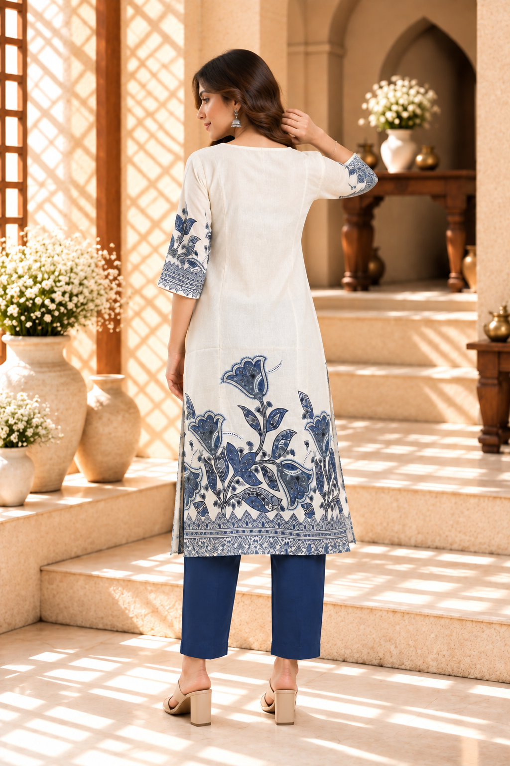 Ivory Blue Floral Printed Rayon Kurti