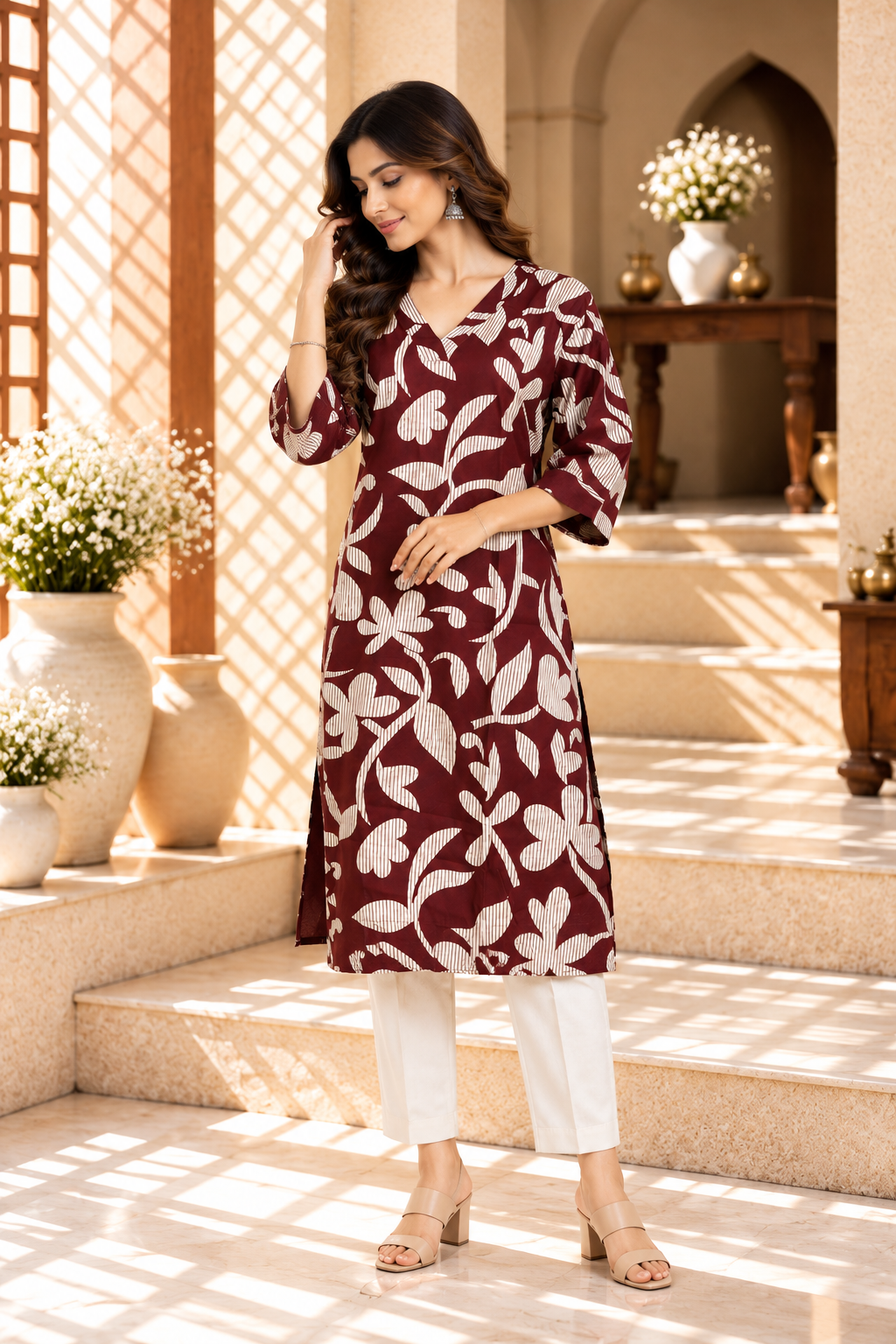 Maroon Floral Printed Rayon Kurti