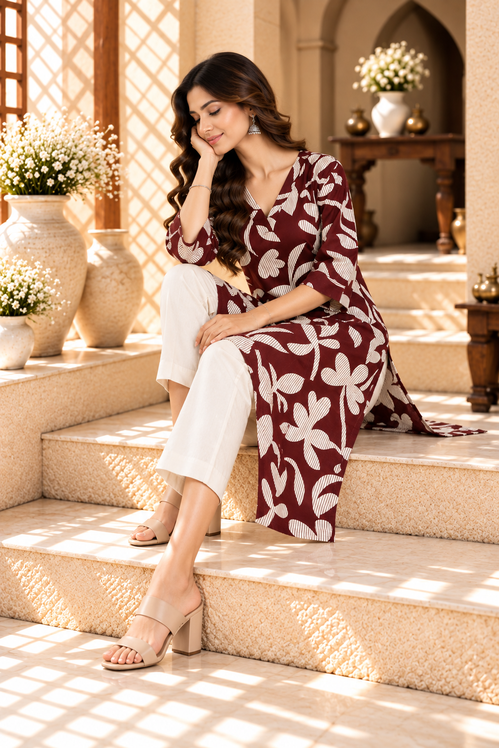 Maroon Floral Printed Rayon Kurti