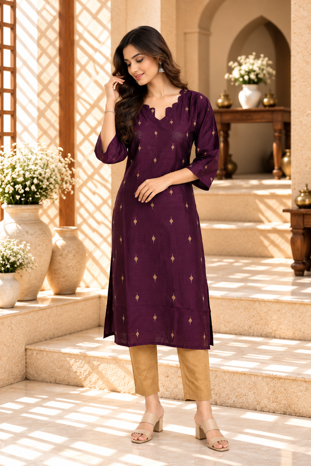 Plum Gold Motif Raw Silk Kurti