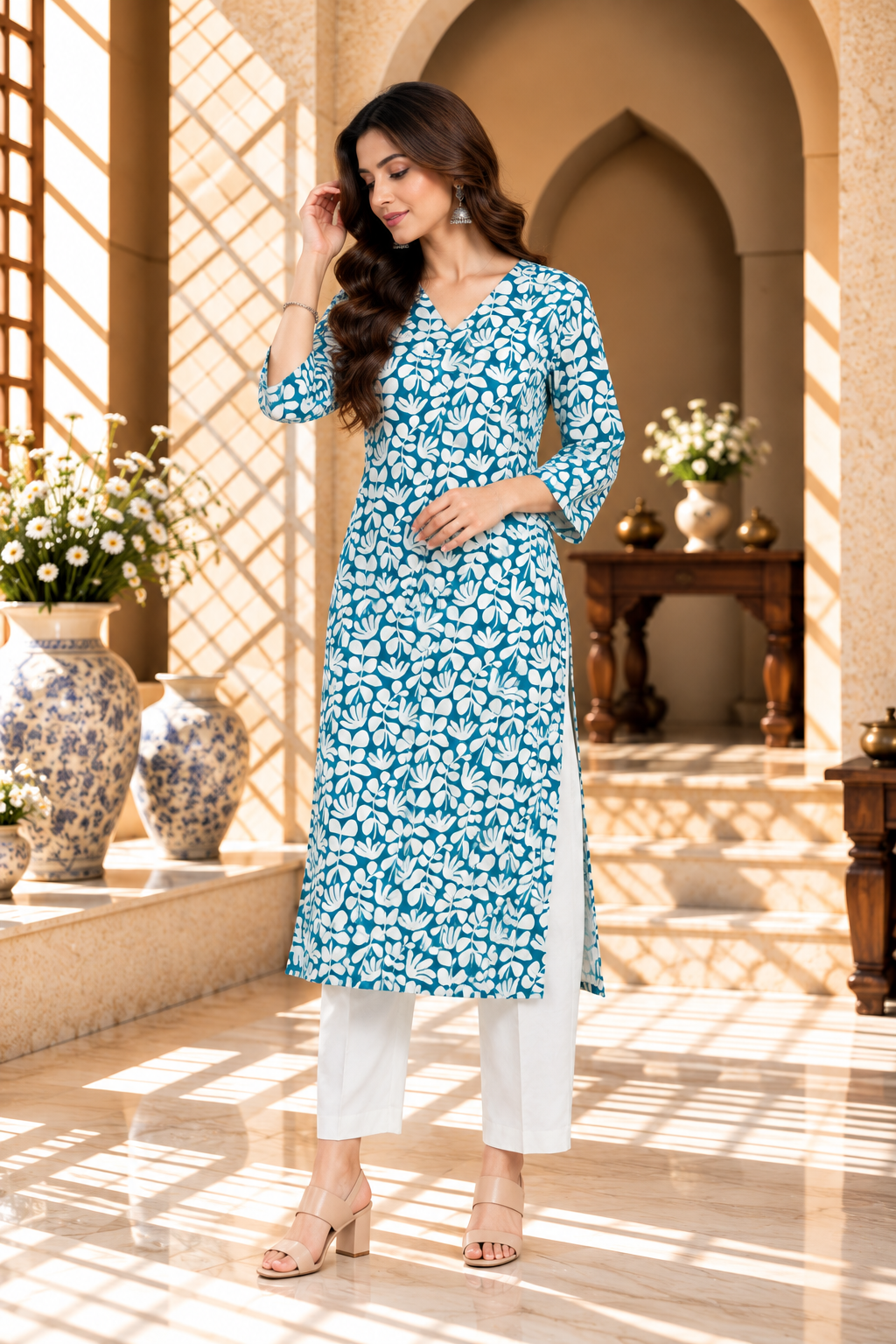Teal Blue Floral Printed Rayon Kurti