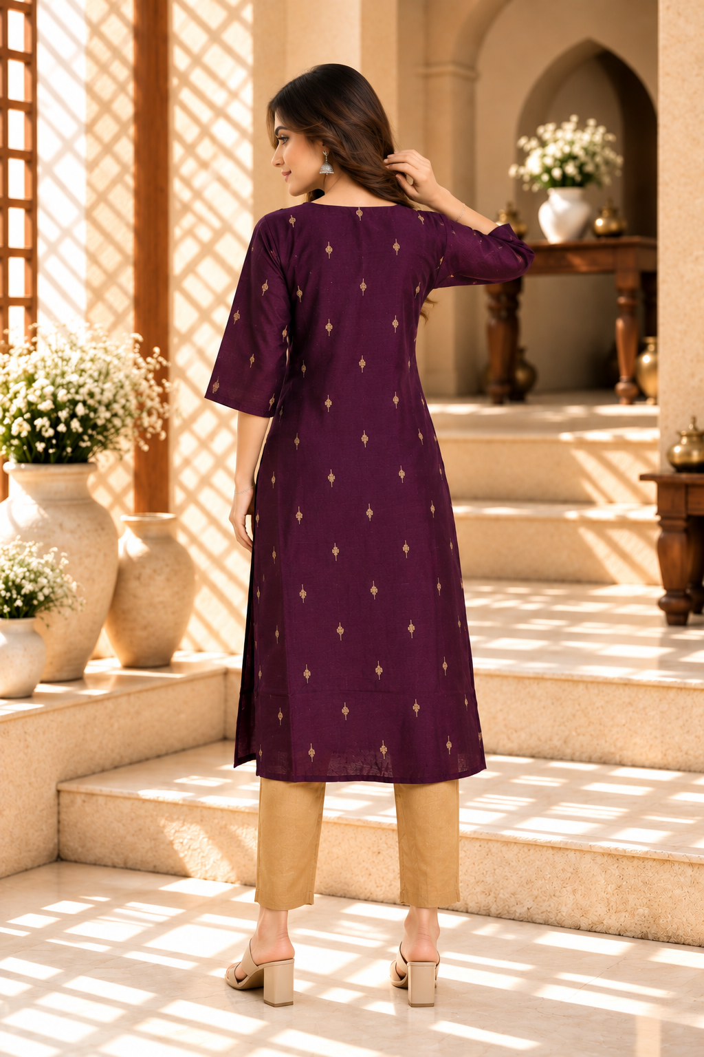 Plum Gold Motif Raw Silk Kurti