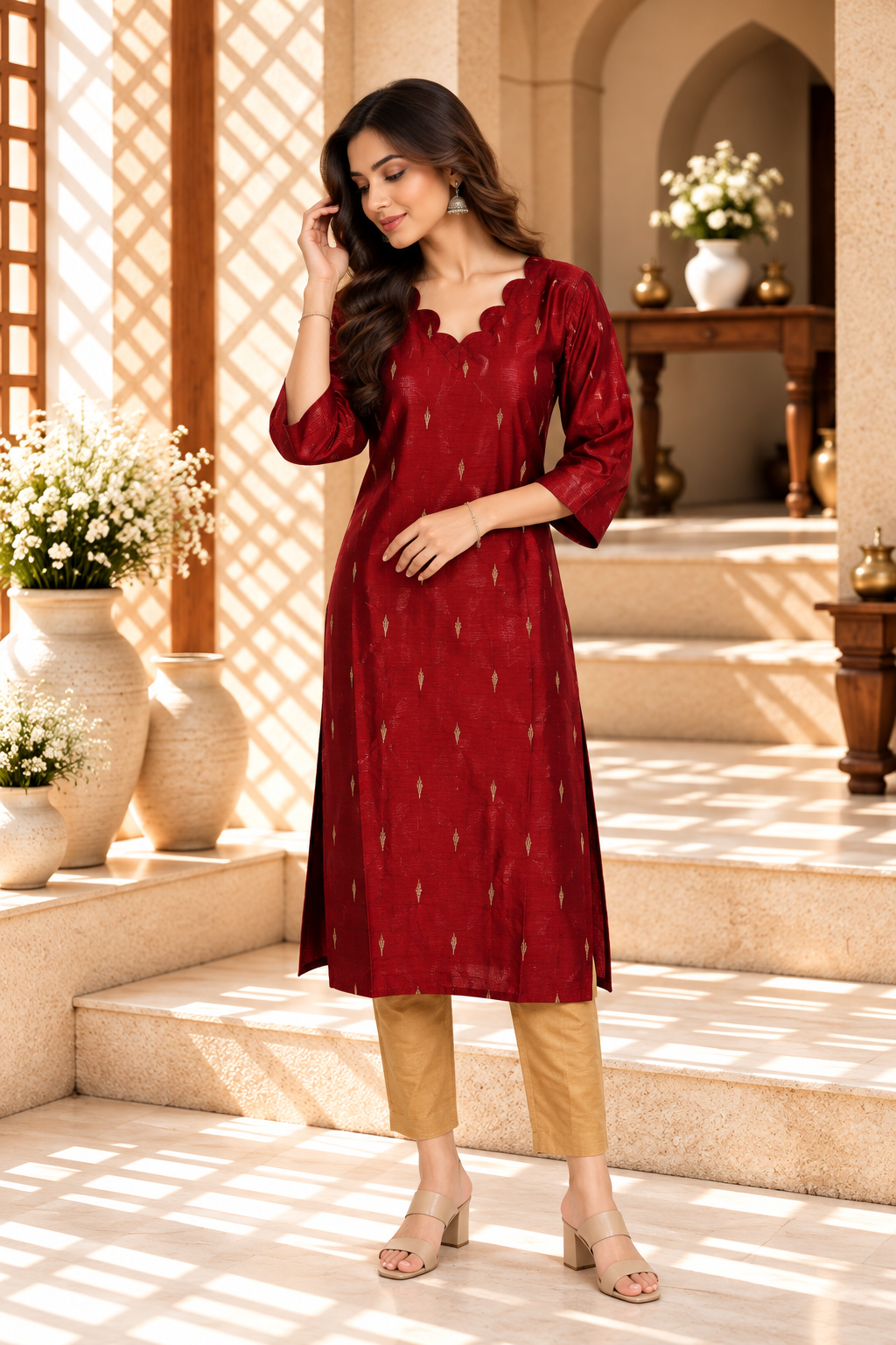Maroon Gold Motif Raw Silk Kurti
