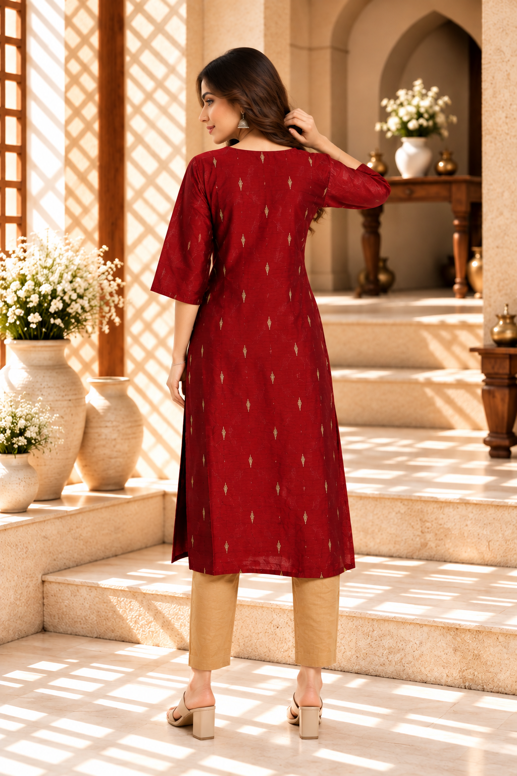 Maroon Gold Motif Raw Silk Kurti