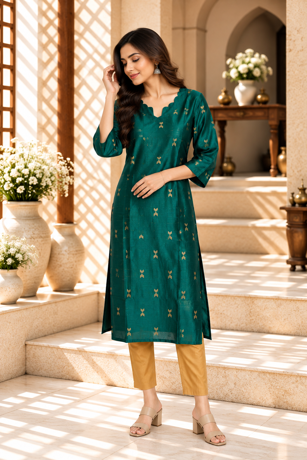 Teal Green Gold Motif Raw Silk Kurta