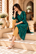 Teal Green Gold Motif Raw Silk Kurta
