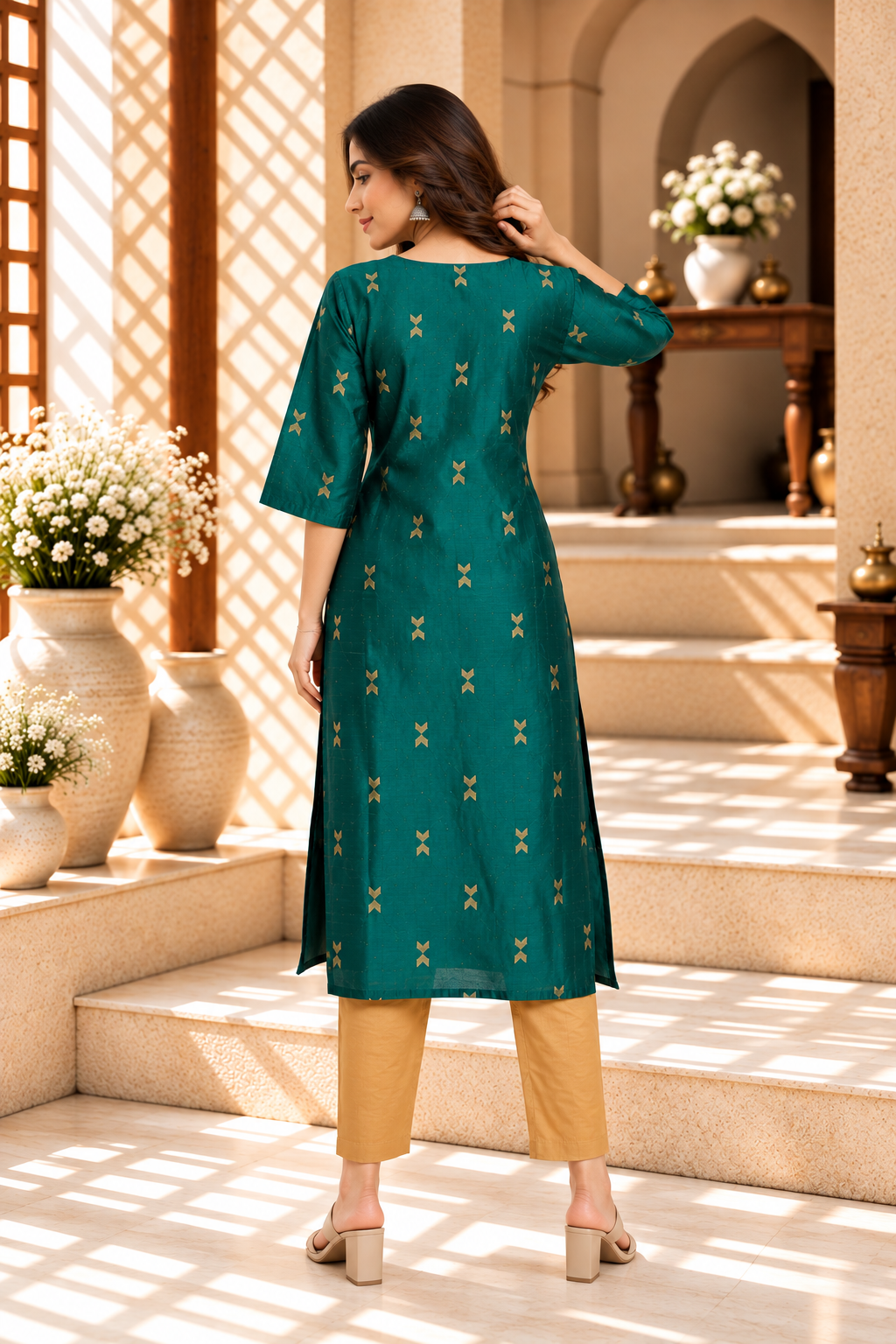 Teal Green Gold Motif Raw Silk Kurta