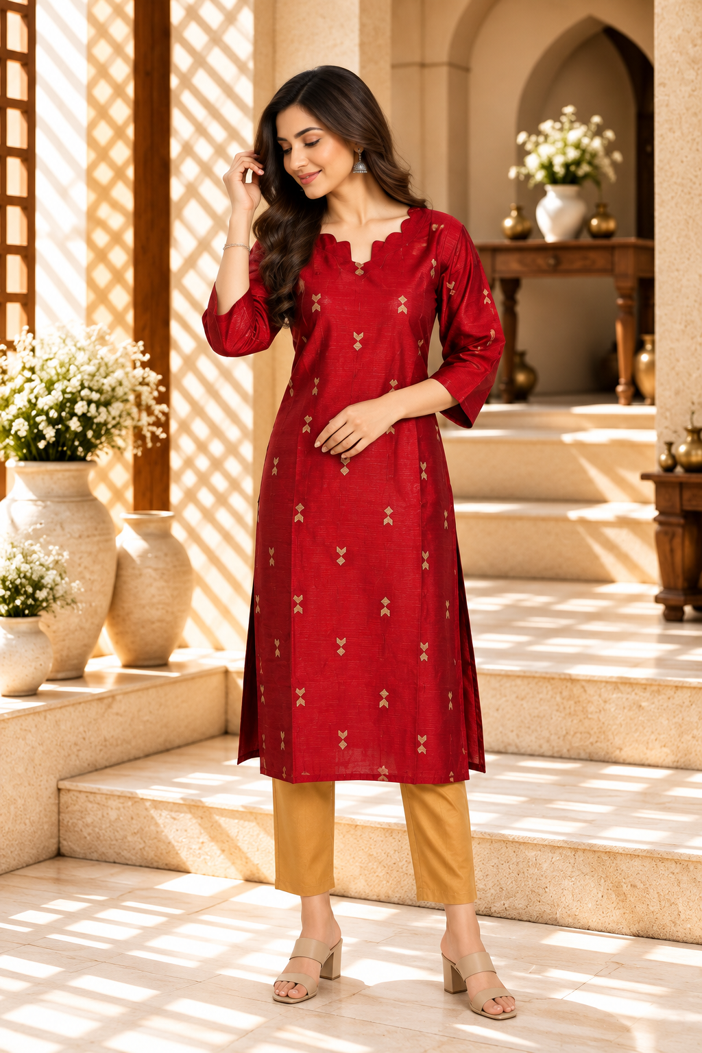 Red Raw Silk Golden Motif Printed Kurta