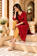 Red Raw Silk Golden Motif Printed Kurta