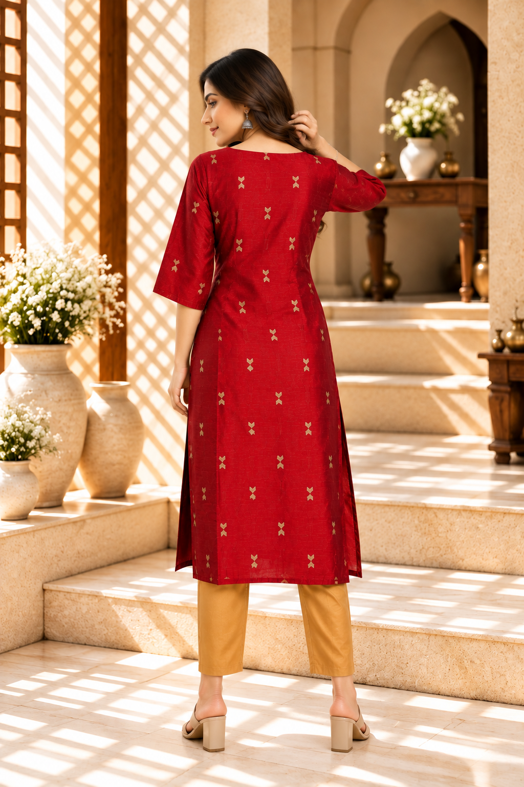 Red Raw Silk Golden Motif Printed Kurta