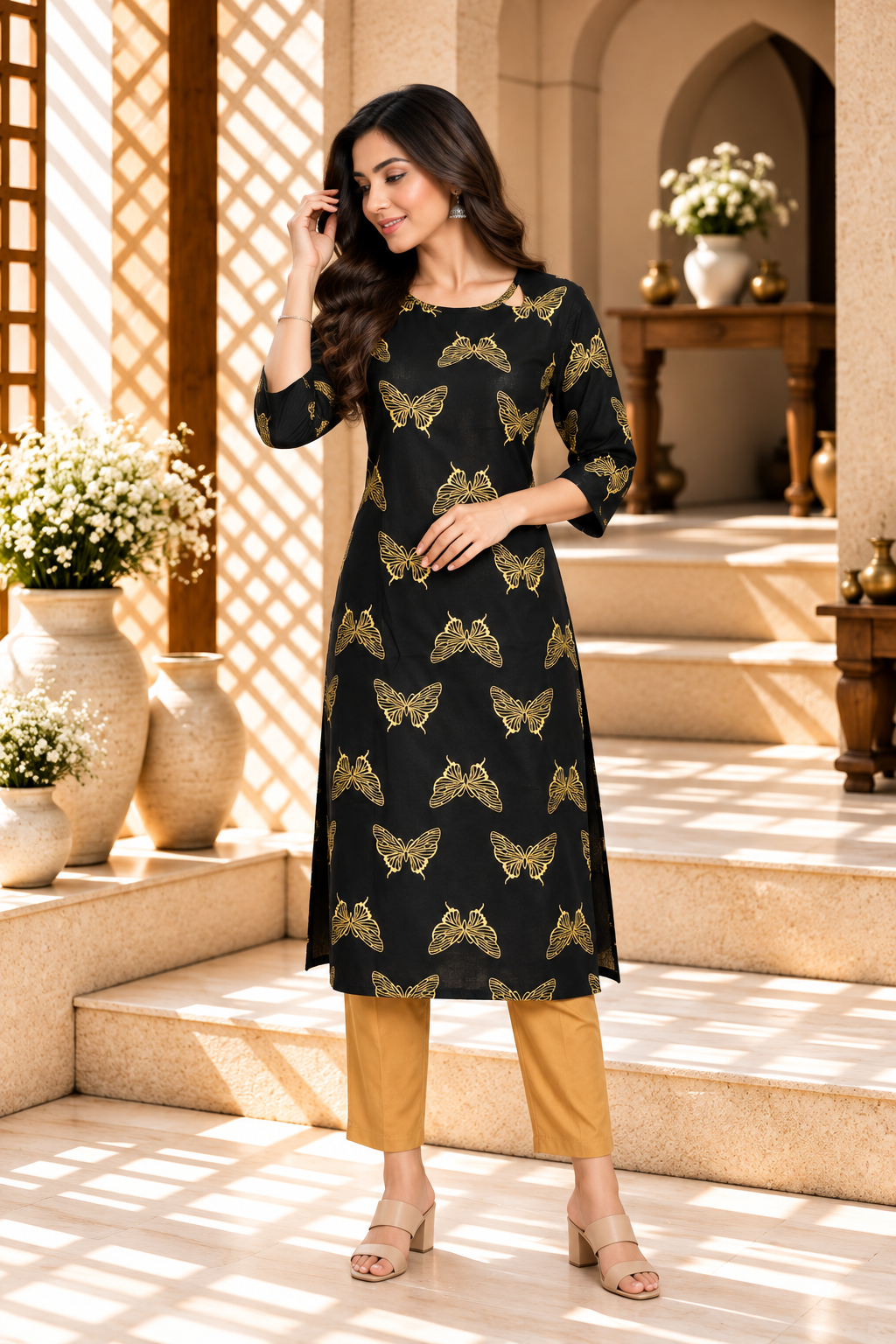 Black Cotton Golden Butterfly Printed Kurta