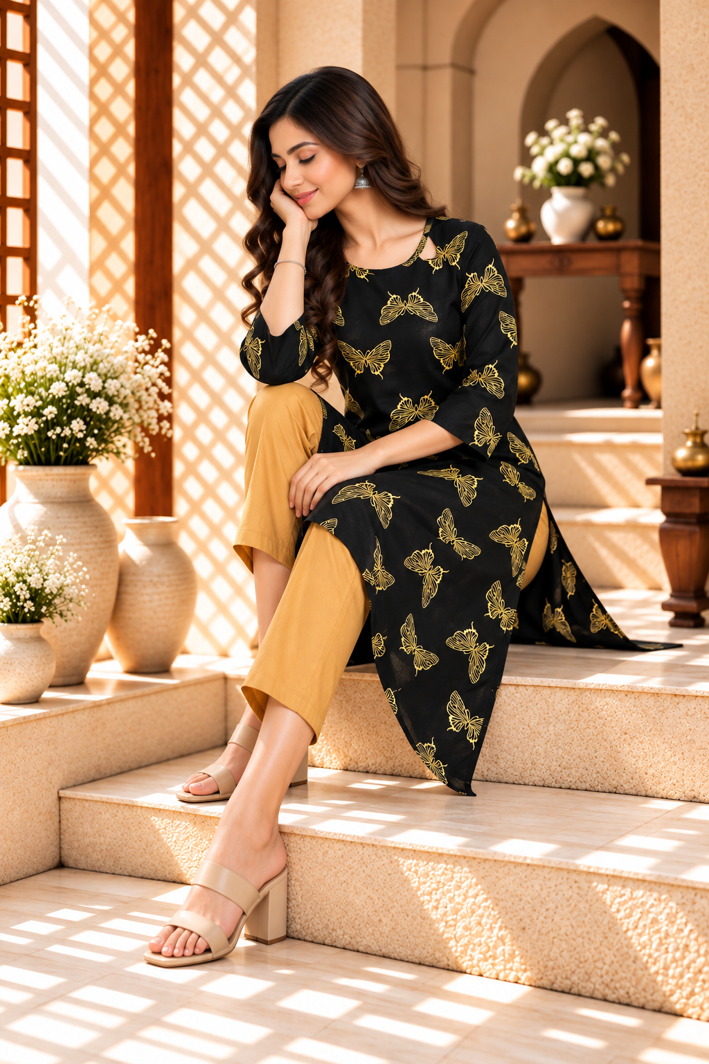 Black Cotton Golden Butterfly Printed Kurta