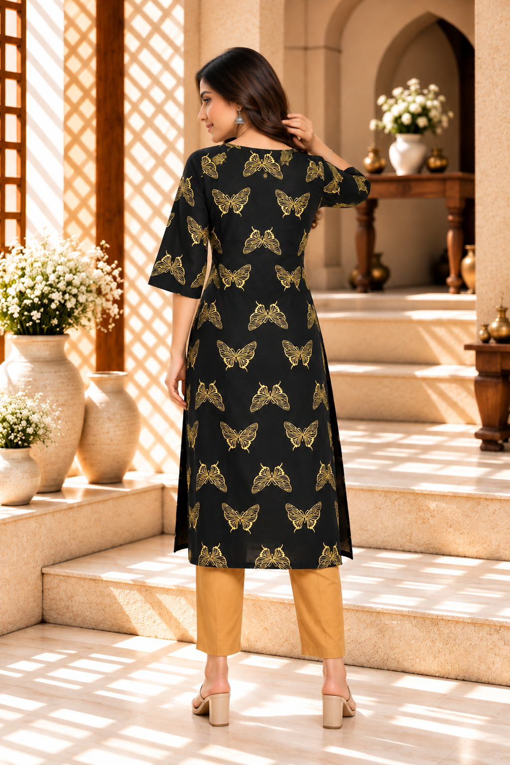 Black Cotton Golden Butterfly Printed Kurta