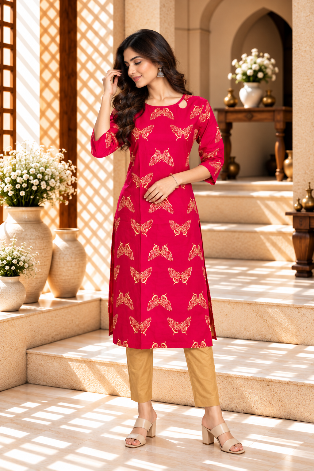 Pink Gold Butterfly Printed Cotton Kurti
