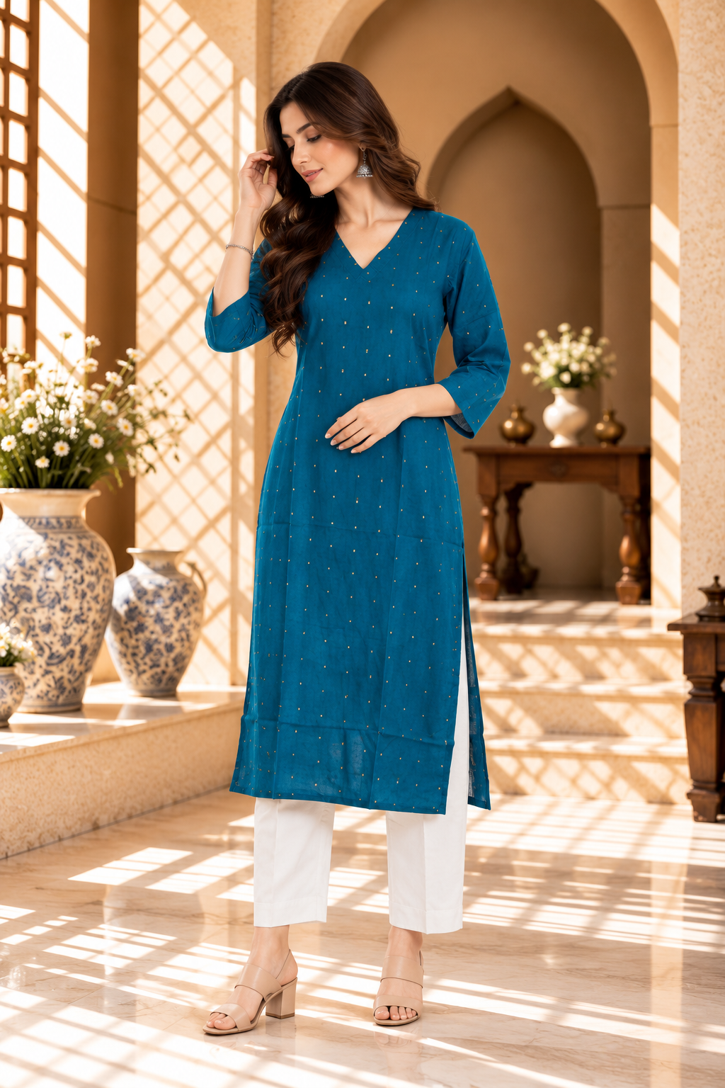 Teal Blue Printed Rayon Kurti