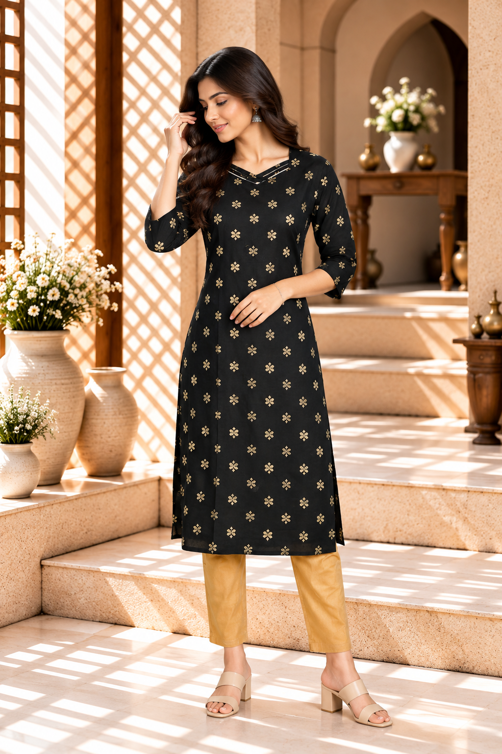 Black Gold Floral Motif Cotton Kurti