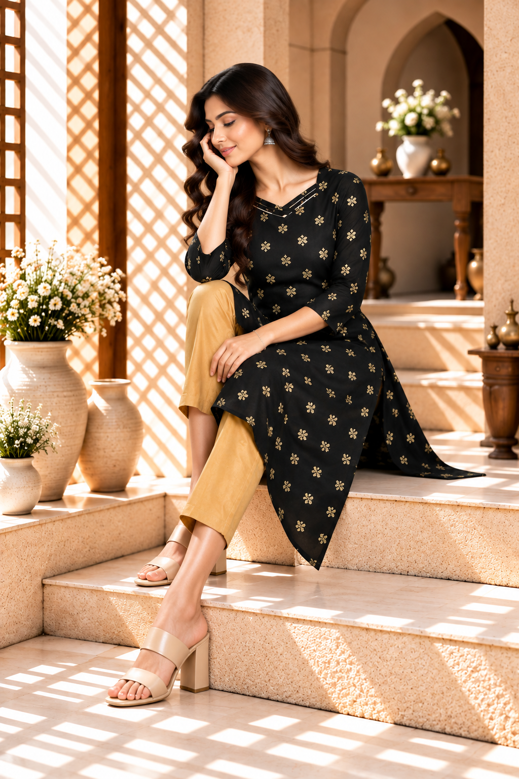 Black Gold Floral Motif Cotton Kurti
