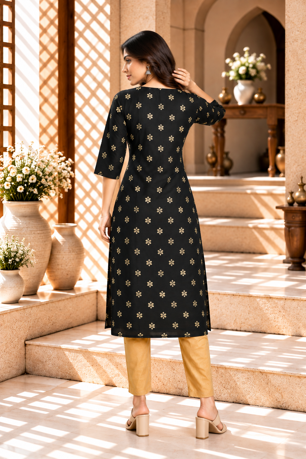 Black Gold Floral Motif Cotton Kurti