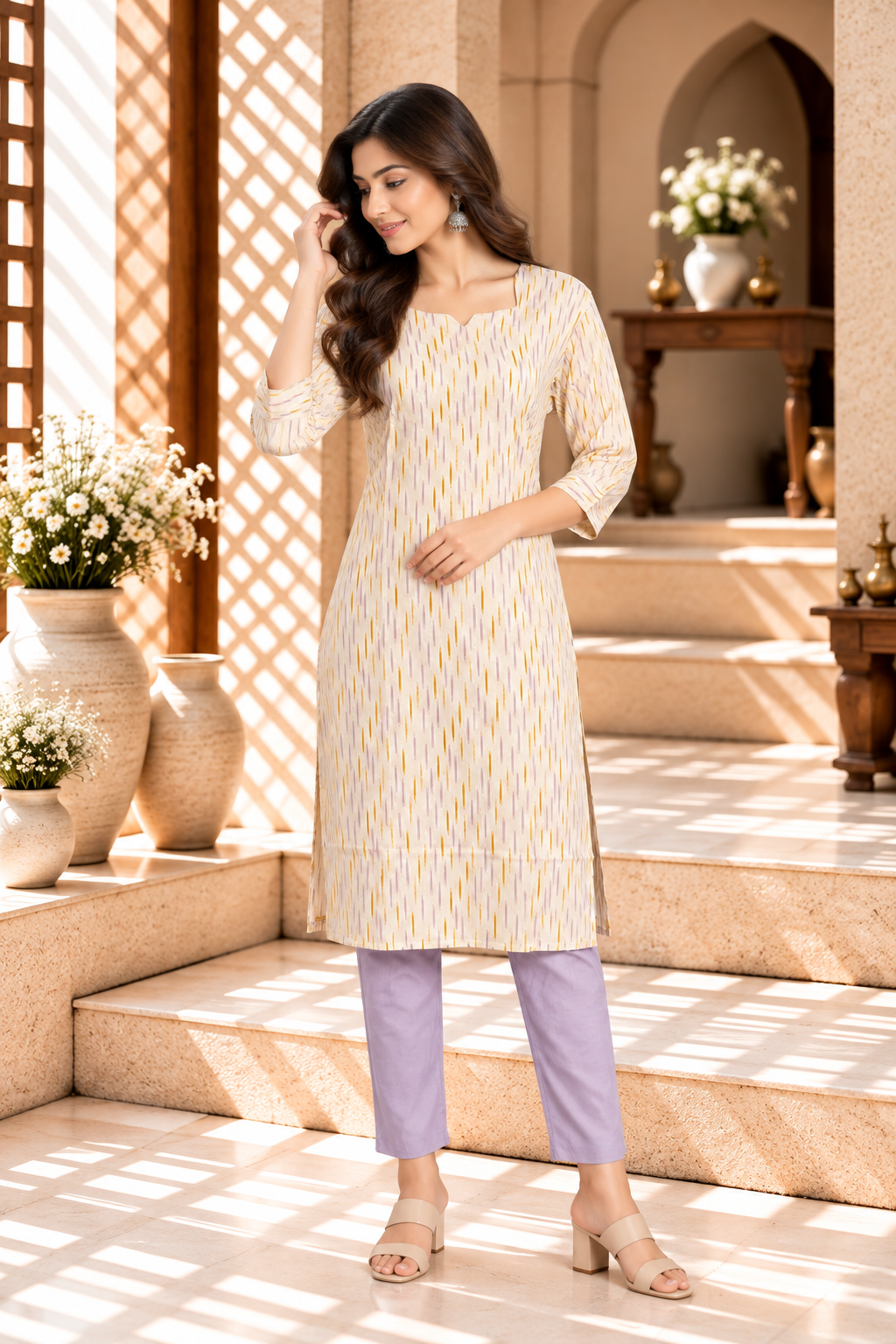 Cream Yellow Printed Rayon Kurti