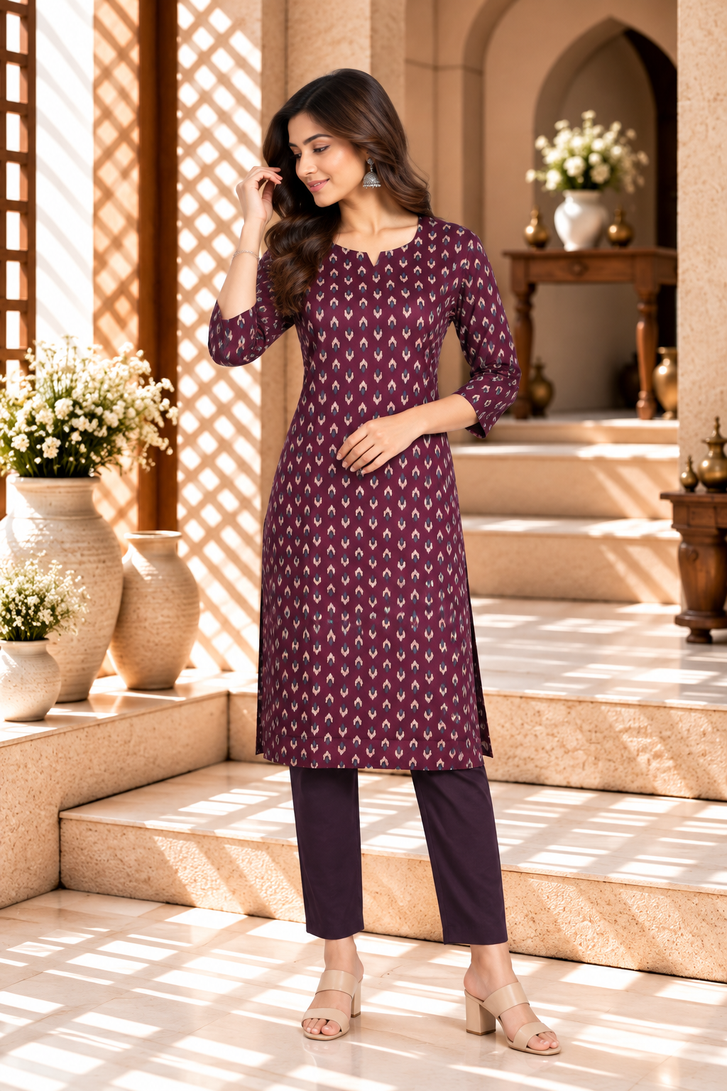Violet Geometric Print Rayon Kurti