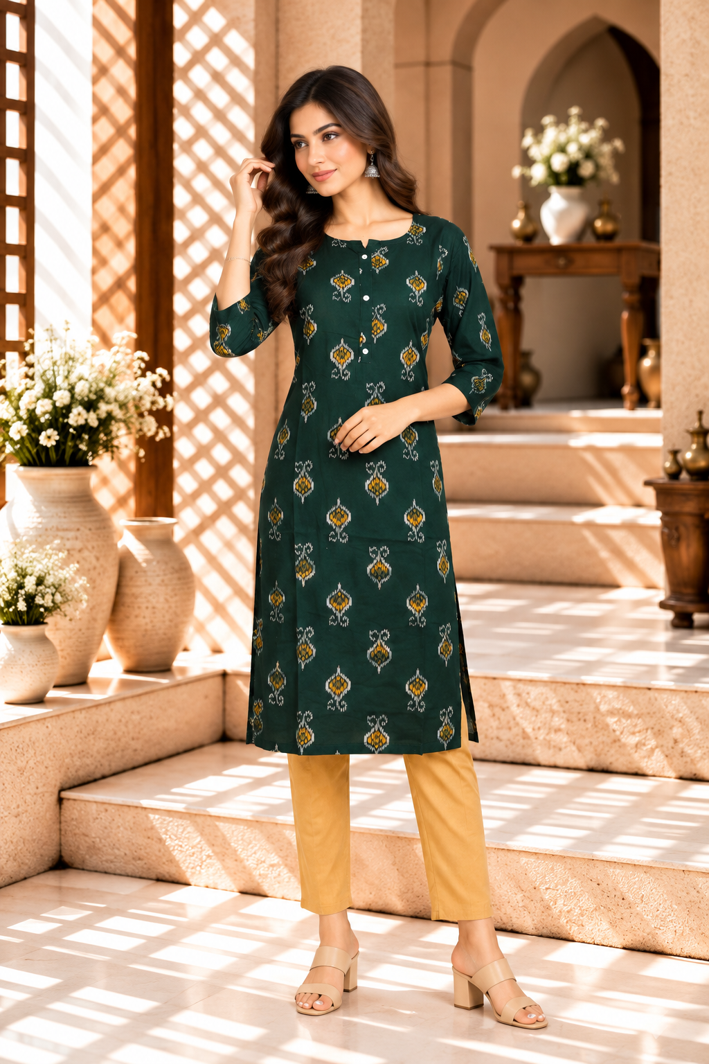 Dark Green Floral Printed Rayon Kurti