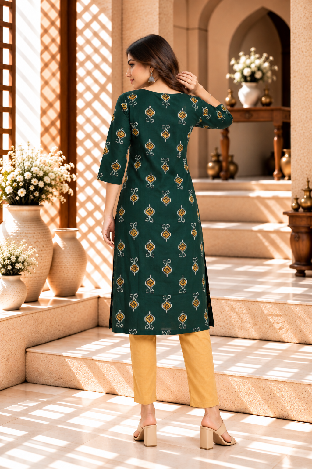 Dark Green Floral Printed Rayon Kurti