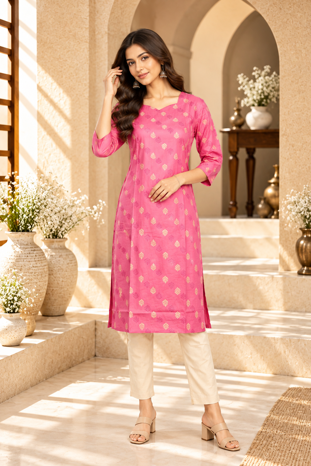 Pink Floral Motif Rayon Kurti
