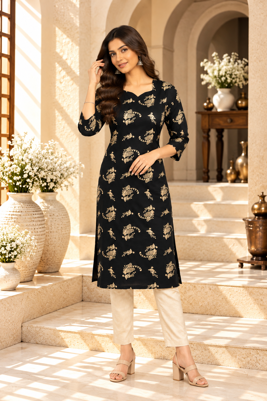 Black Gold Printed Rayon Kurti