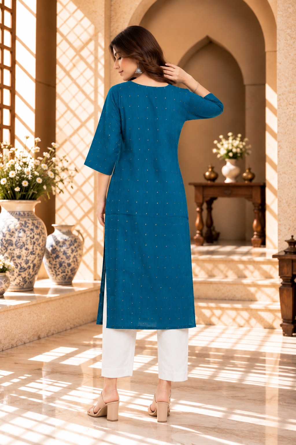 Teal Blue Printed Rayon Kurti