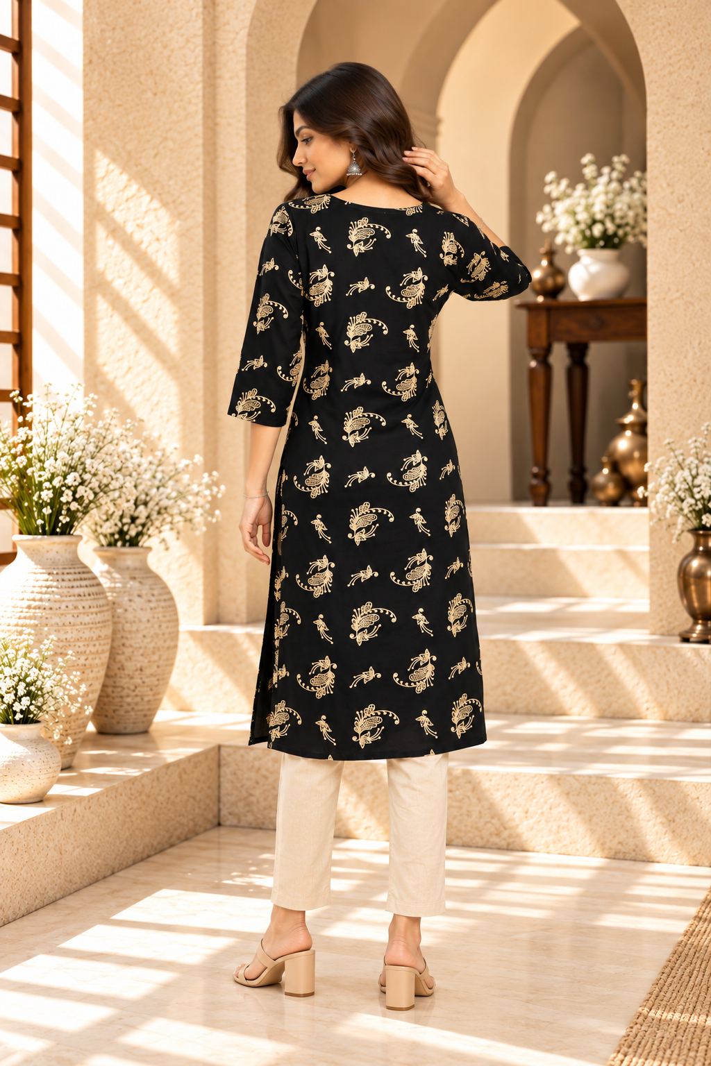 Black Gold Printed Rayon Kurti