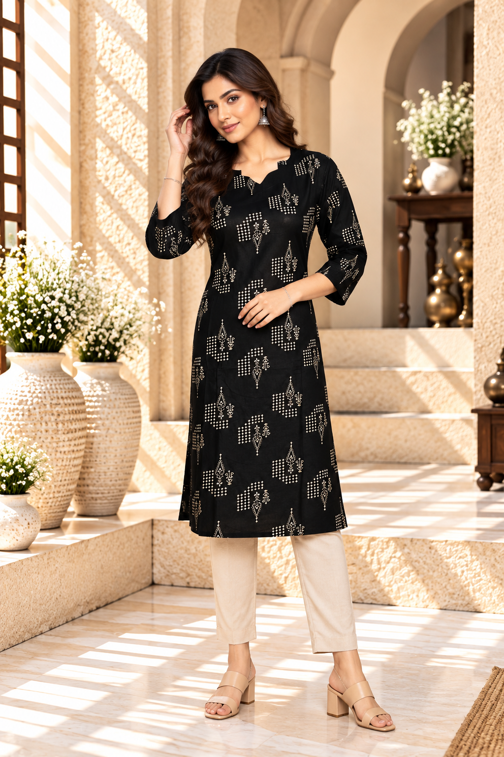 Black Golden Paisley Printed Rayon Kurti
