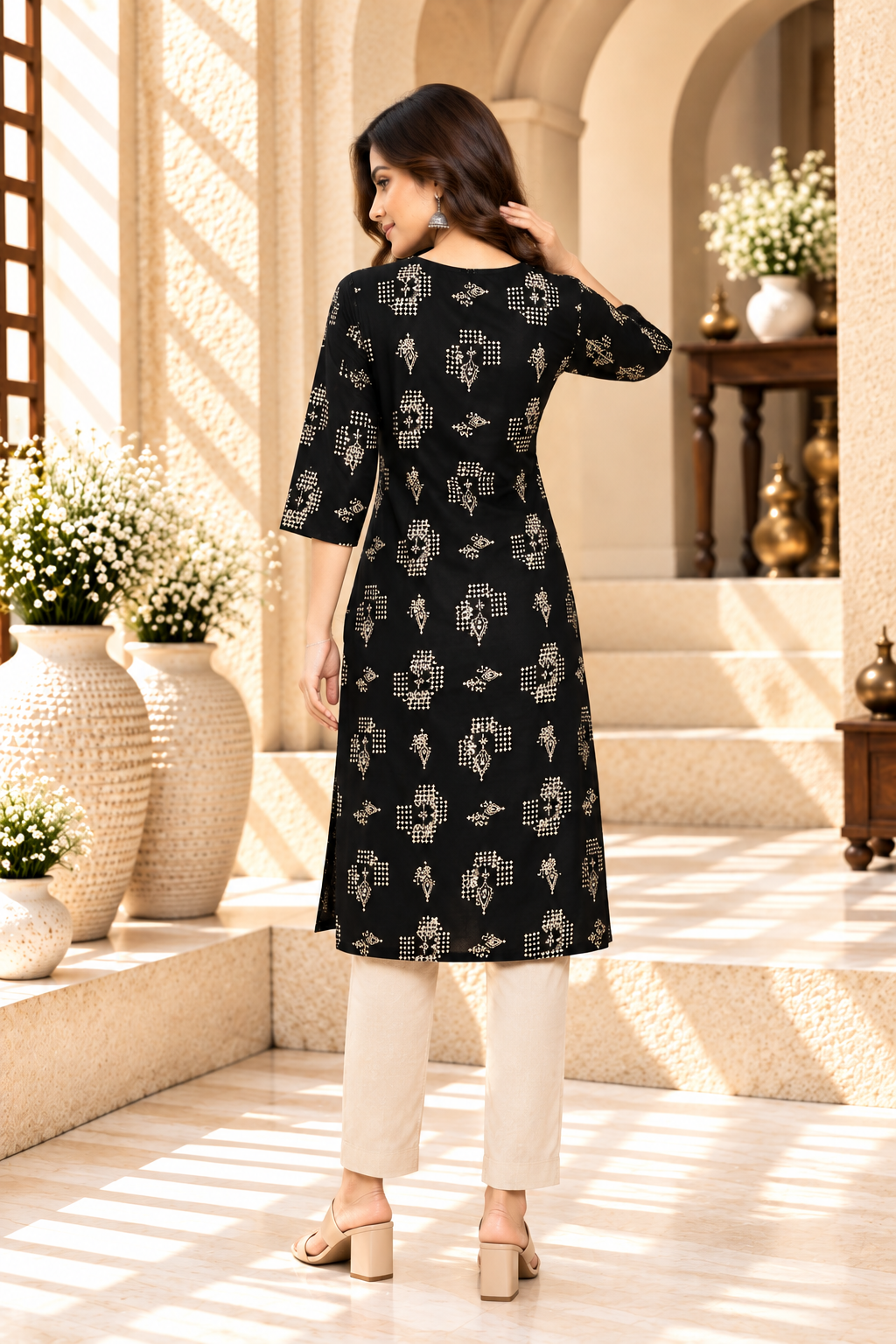 Black Golden Paisley Printed Rayon Kurti