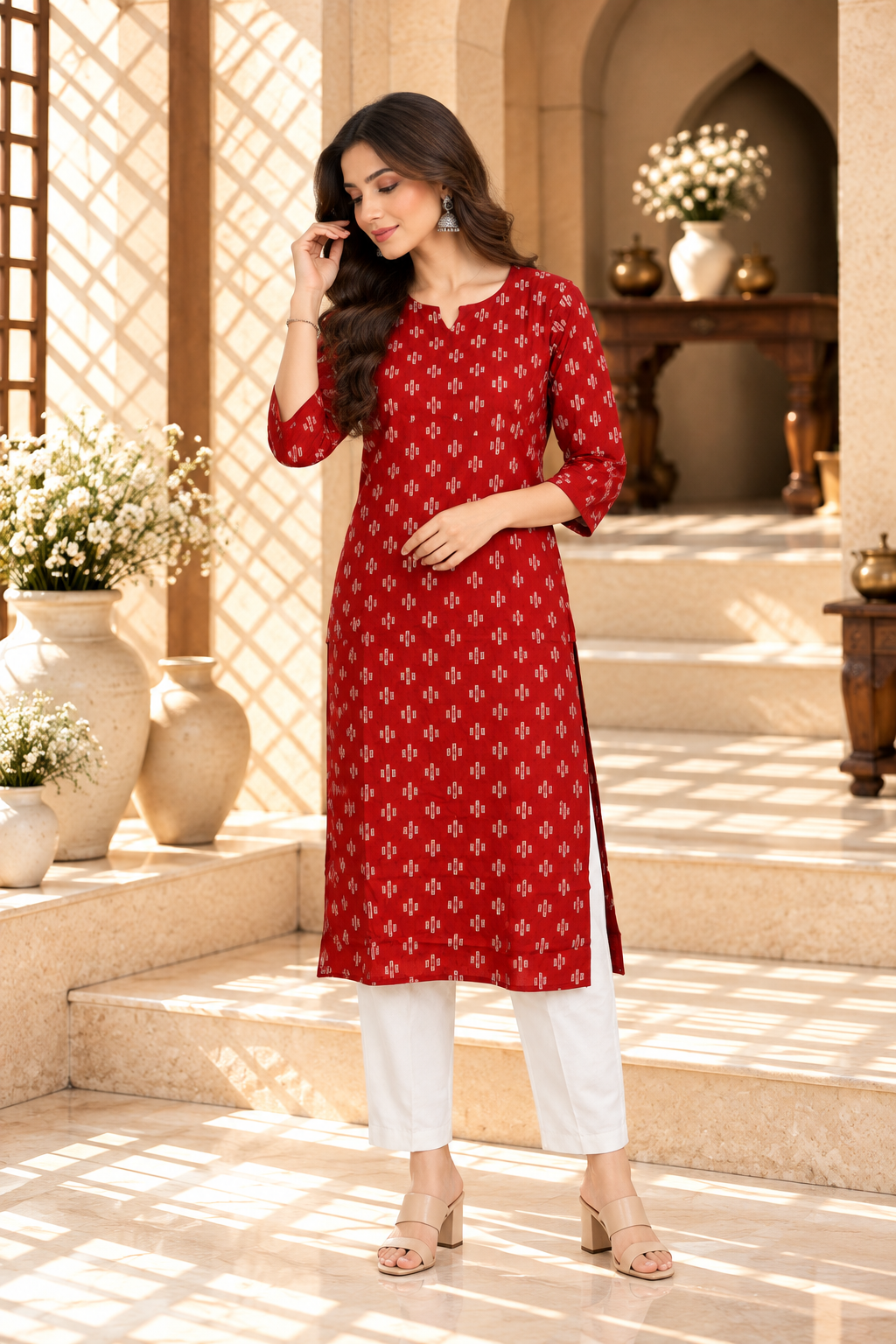 Red Printed Rayon Kurti