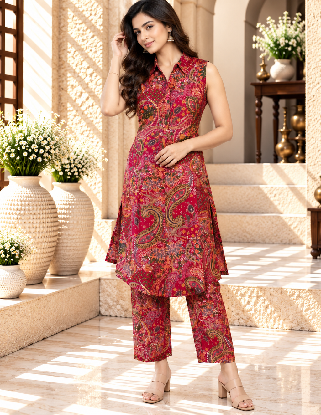 Pink Multicolour Paisley Printed Cord Set