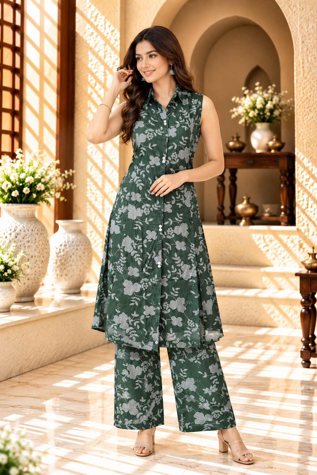 Green Floral Print Cord Set