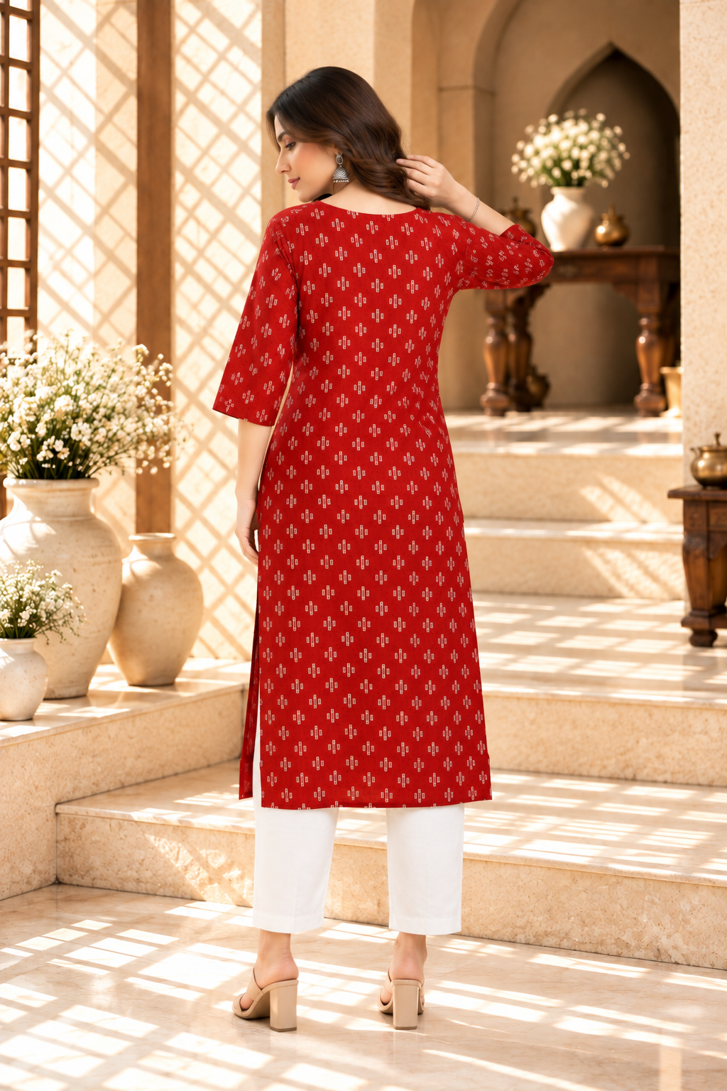 Red Printed Rayon Kurti