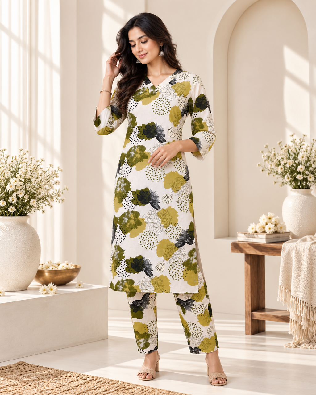 Olive Green Floral Printed Rayon Kurti Set