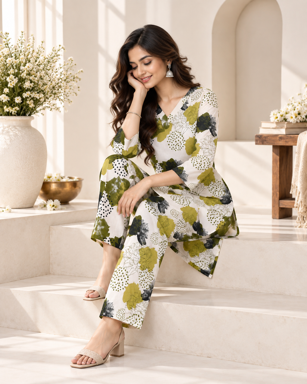 Olive Green Floral Printed Rayon Kurti Set