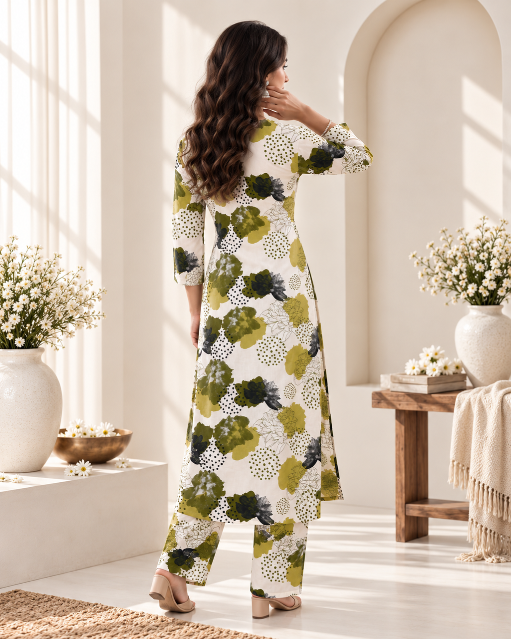 Olive Green Floral Printed Rayon Kurti Set