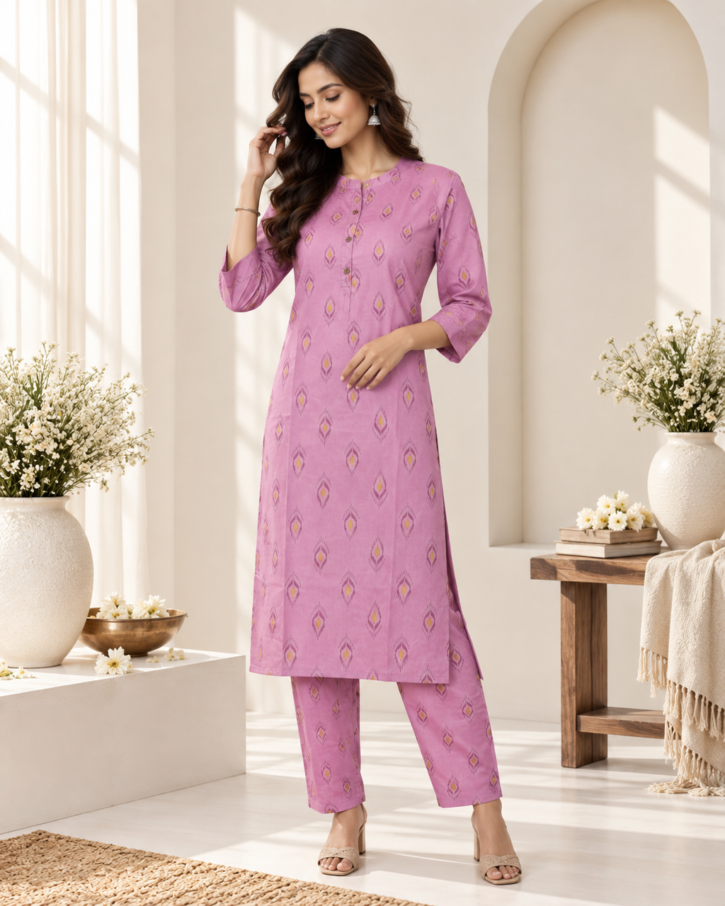 Mauve Purple Printed Rayon Kurti Set