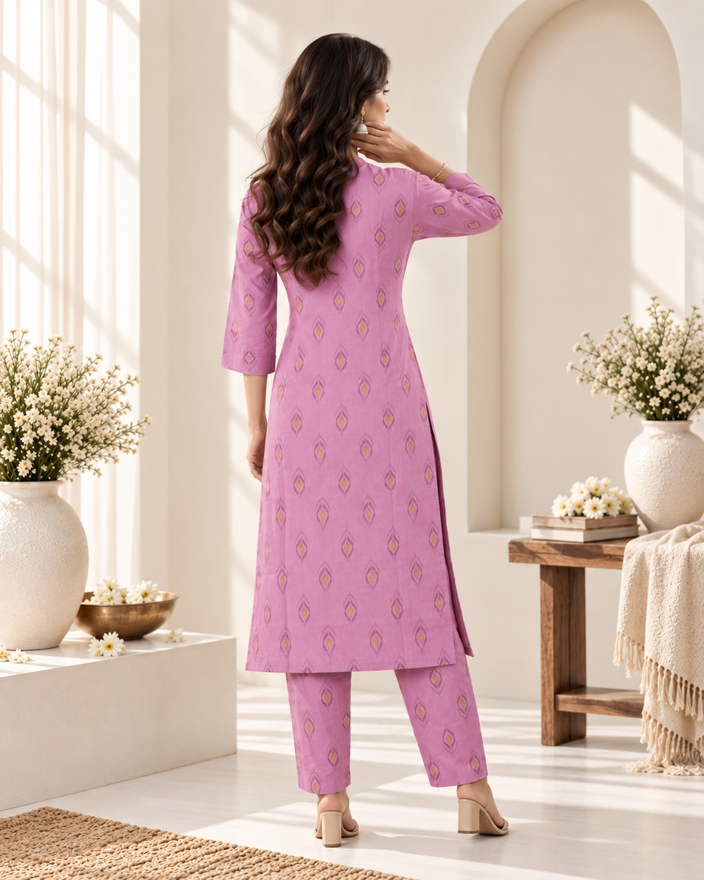 Mauve Purple Printed Rayon Kurti Set