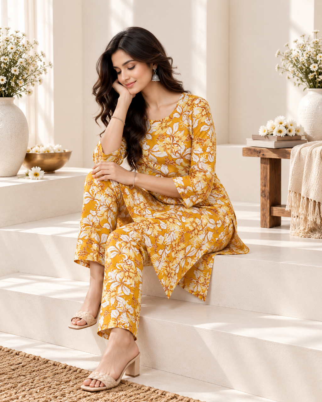 Mustard Yellow Floral Printed Rayon Kurti Set